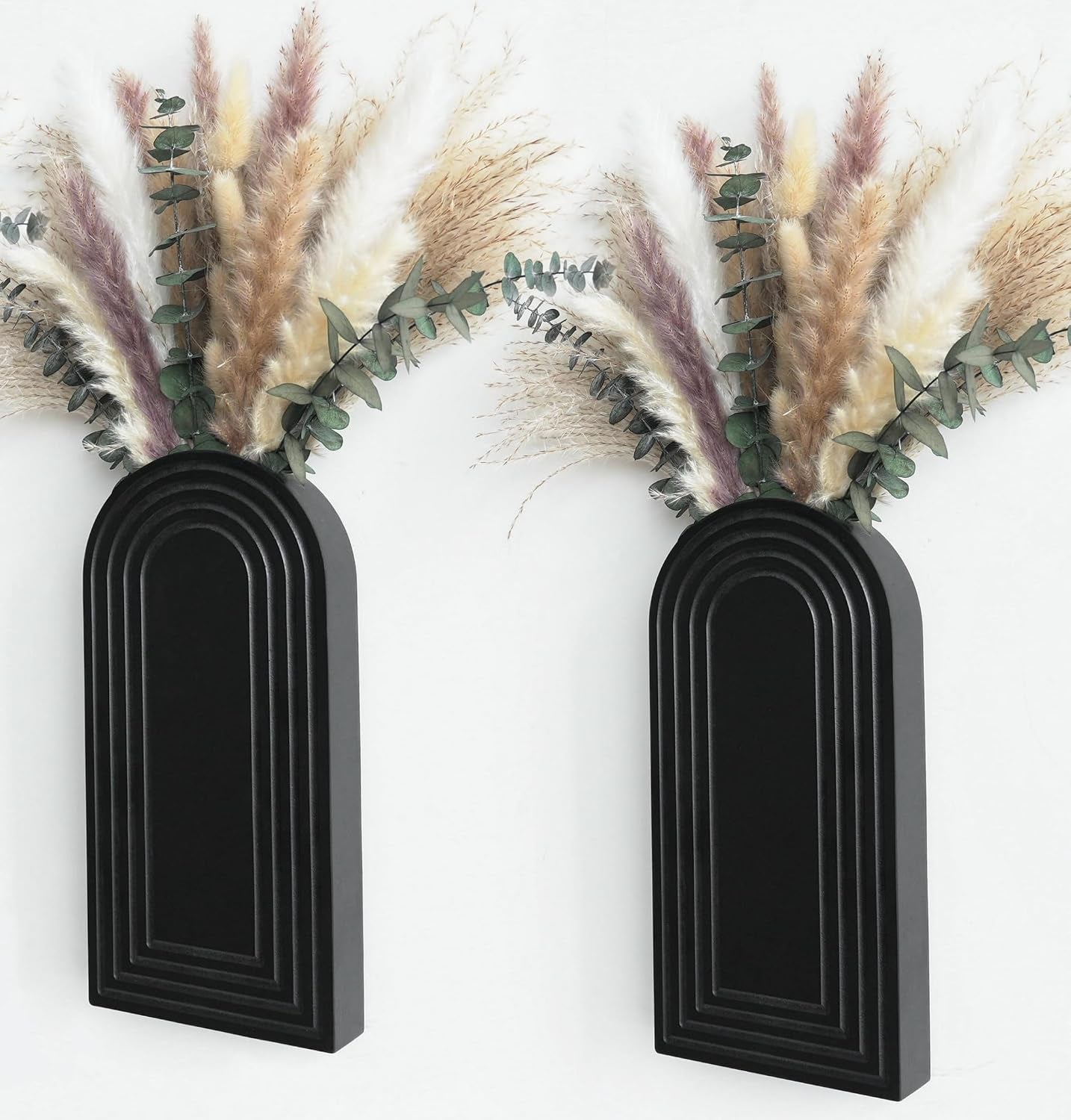 Modern Wall Vase Set of 2 - Black Boho Wood Wall Decor for Living Room, Dining Room & Entryway - Large Farmhouse Wall Mounted Flower Vases - Minimalist Art Wall Decor for Bathroom, Kitchen & Bedroom