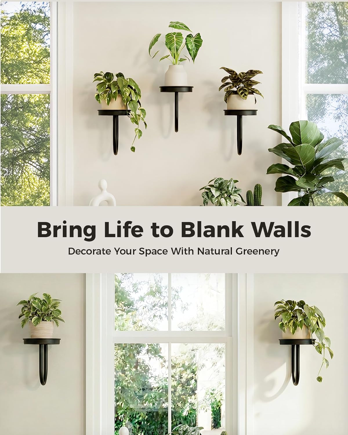 Wall Plant Holder for Hanging Planters, Black, 3Pcs | Thickened Metal, Heavy-Duty, Rust Resistant, Anti-Fall, Space-Saving, Easy Assembly, Indoor & Outdoor Home Decor