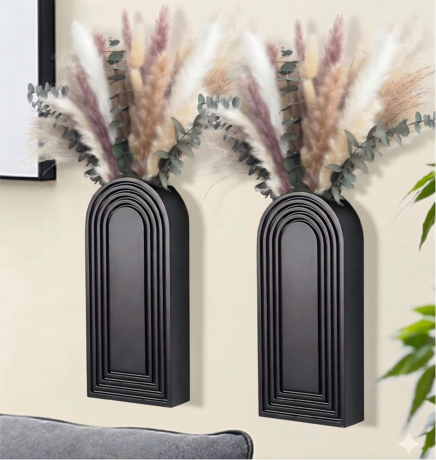 Modern Wall Vase Set of 2 - Black Boho Wood Wall Decor for Living Room, Dining Room & Entryway - Large Farmhouse Wall Mounted Flower Vases - Minimalist Art Wall Decor for Bathroom, Kitchen & Bedroom