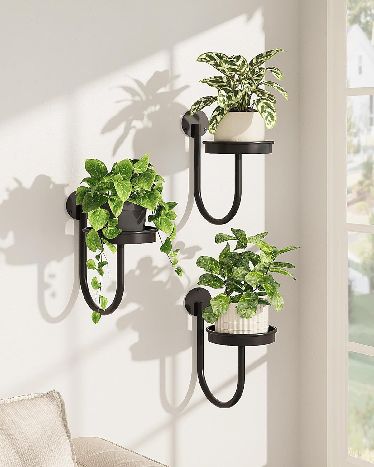 Wall Plant Holder for Hanging Planters, Black, 3Pcs | Thickened Metal, Heavy-Duty, Rust Resistant, Anti-Fall, Space-Saving, Easy Assembly, Indoor & Outdoor Home Decor