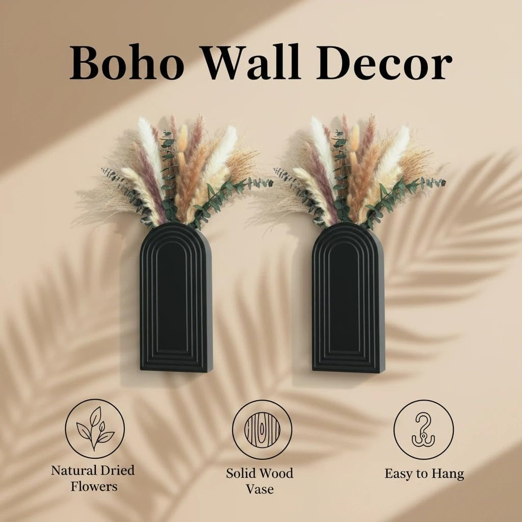 Modern Wall Vase Set of 2 - Black Boho Wood Wall Decor for Living Room, Dining Room & Entryway - Large Farmhouse Wall Mounted Flower Vases - Minimalist Art Wall Decor for Bathroom, Kitchen & Bedroom