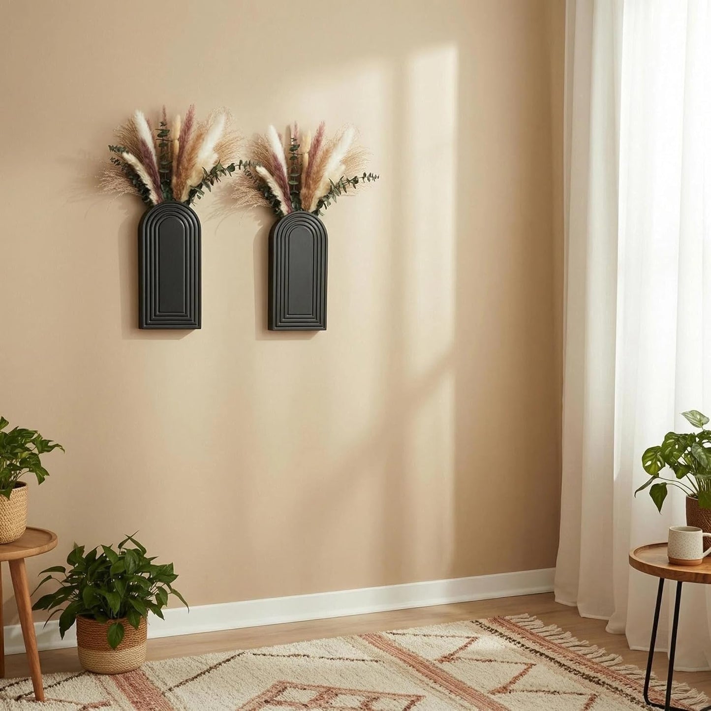 Modern Wall Vase Set of 2 - Black Boho Wood Wall Decor for Living Room, Dining Room & Entryway - Large Farmhouse Wall Mounted Flower Vases - Minimalist Art Wall Decor for Bathroom, Kitchen & Bedroom