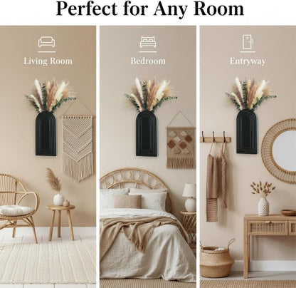 Modern Wall Vase Set of 2 - Black Boho Wood Wall Decor for Living Room, Dining Room & Entryway - Large Farmhouse Wall Mounted Flower Vases - Minimalist Art Wall Decor for Bathroom, Kitchen & Bedroom