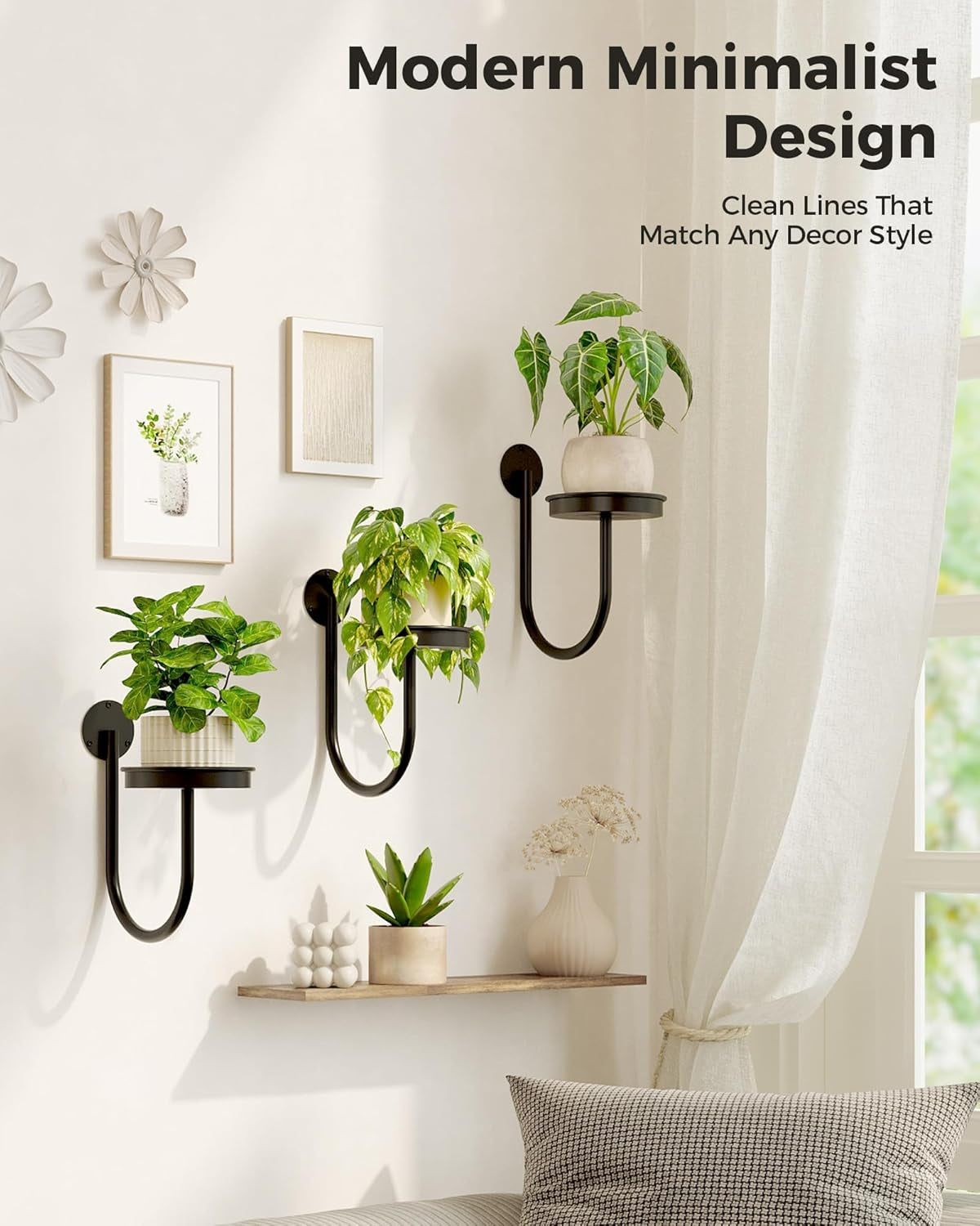 Wall Plant Holder for Hanging Planters, Black, 3Pcs | Thickened Metal, Heavy-Duty, Rust Resistant, Anti-Fall, Space-Saving, Easy Assembly, Indoor & Outdoor Home Decor